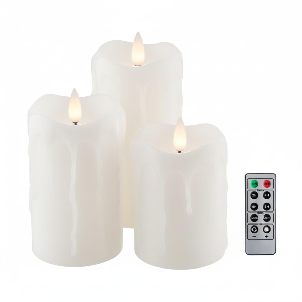 CozierGlow Flameless Pillar Candles Flickering with Remote Timer, Battery Operated LED Candles Up to 400 Hours, 3D Moving Flame Real Wax Candles. (White with Dripping Tear)