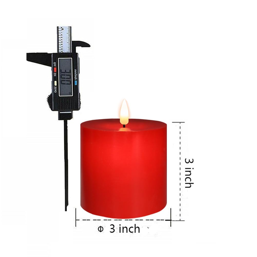 volnyus Red Flameless Candles Set of 3 (3x3 inch) Real Wax Flickering LED Candles Battery Operated with Remote Control Timers for Christmas Fireplace Party Dimmable Pillars Flat top