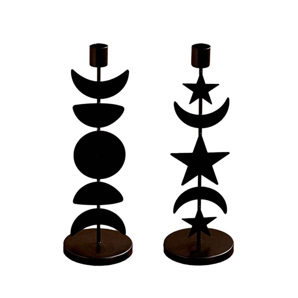 Iron Taper Candle Holder Matte Black Tall Star Moon Candlestick Holders Decorative Candle Stand Candlestick Holder for Wedding, Dining Table, Party Home Decoration (A)