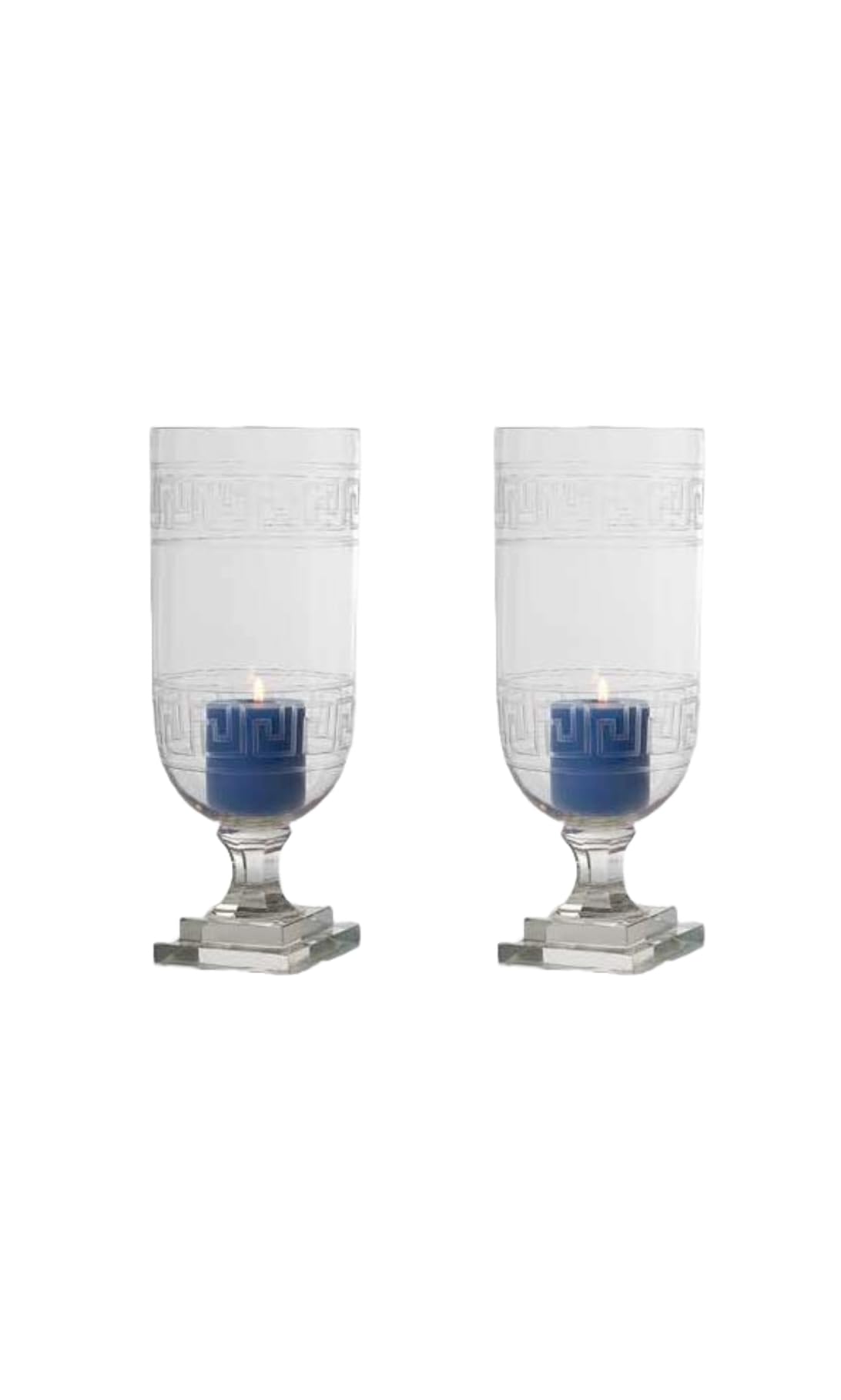 Greek Key Design Glass Hurricane Lamp Lantern, Set of 2 Candle Holder Vase