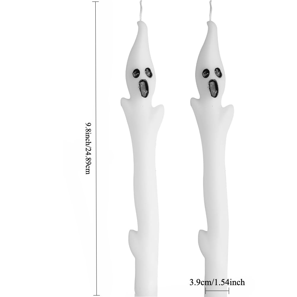 Halloween Ghost Candles Set, Cute Spooky White Taper Candles with Ghost Face for Halloween Decorations, Haunted House, Party Table Centerpiece, Gothic Home Decor, Trick or Treat Supplies (2PCS)