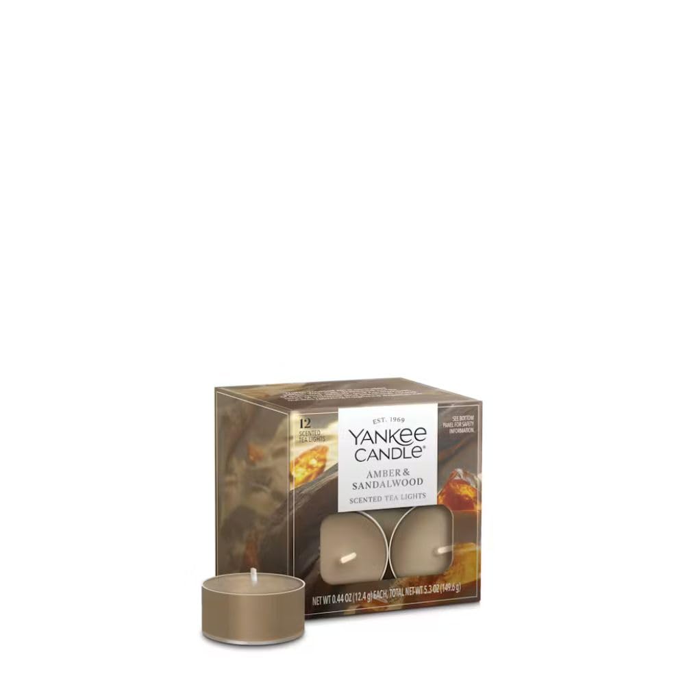 Yankee Candle Amber & Sandalwood Tea Light Candles, Premium Plant Wax Scented Tealights, 12 Count, Beige, Up to 5 Hours Burn Time, Natural Fiber Wick, 0.44 oz Each