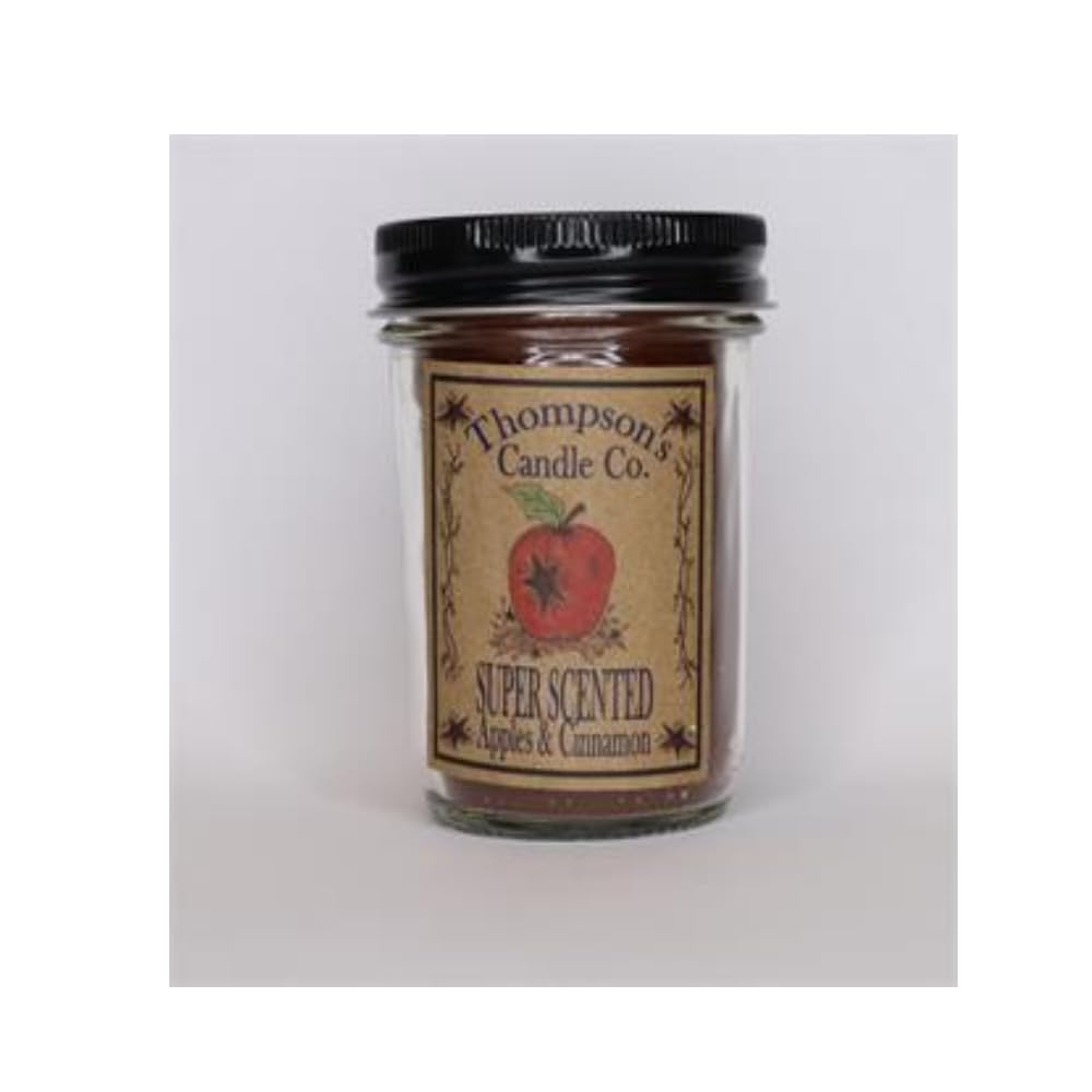 Thompson's Candle Co. Apples & Cinnamon Mini Mason Jar Candle, Soy Blend Wax, Long Burning 30 Hour Jar Candle with Juicy Red Apples and Spicy Cinnamon Aroma