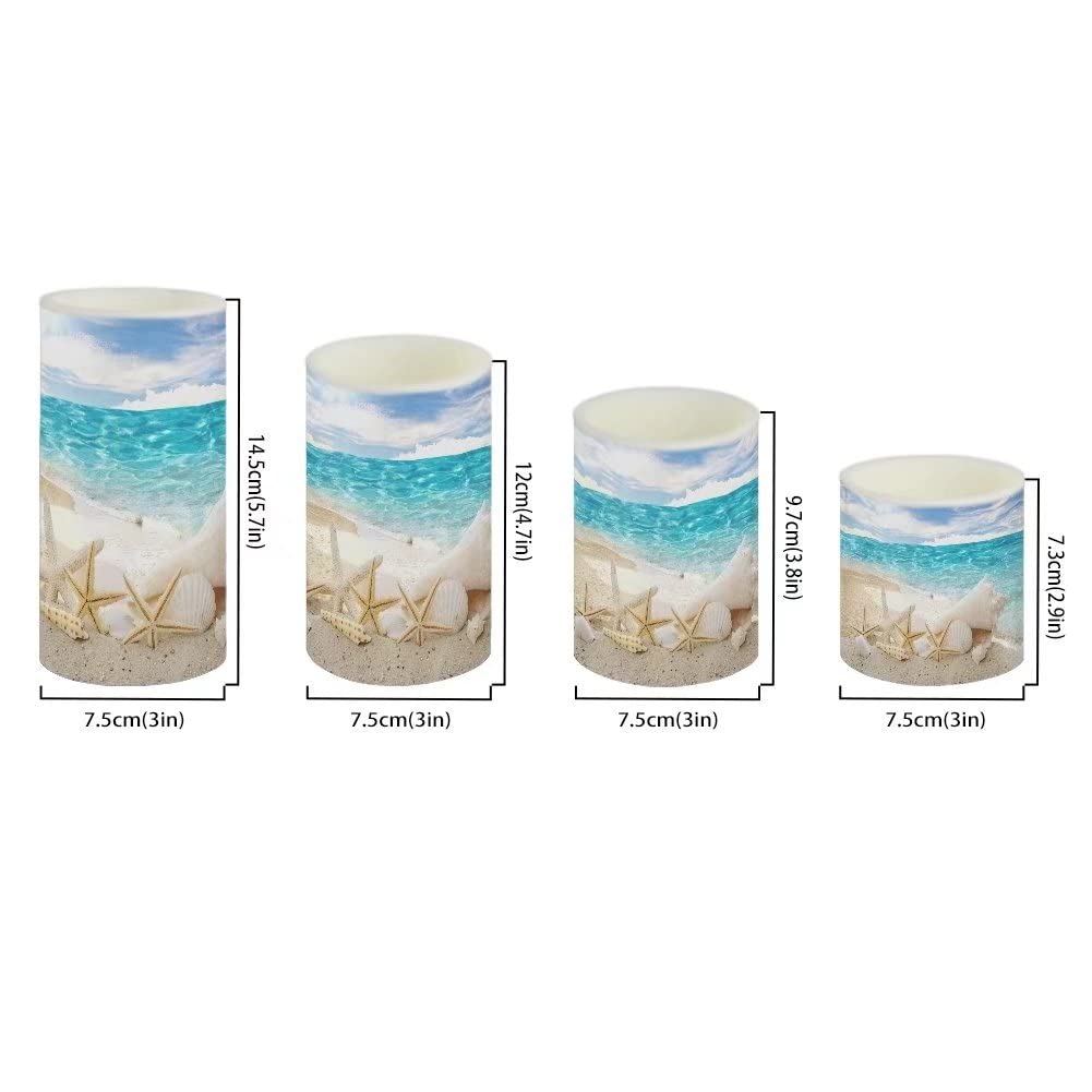 NETILGEN Beach Starfish Seashell Flameless Light Candles Battery Powered with Timer Remote Color Chaging Pillar Candle with Warm Yellow Color Changing Light Pack of 4