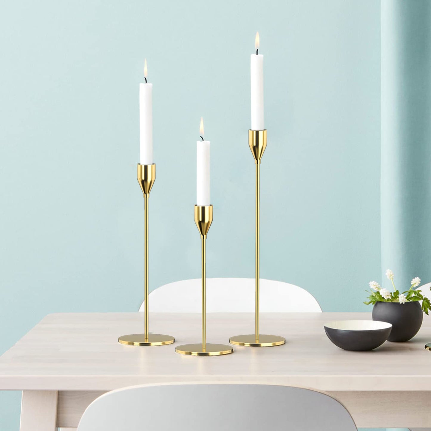 Gold Candle Holders 6Pcs/ 2 Set - Elegant Metal Candlestick Holders for 3/4 InchTaper & LED Candles, Weddings, Parties, Home Decor - Decorative Centerpieces for Table, Mantle, Fireplace