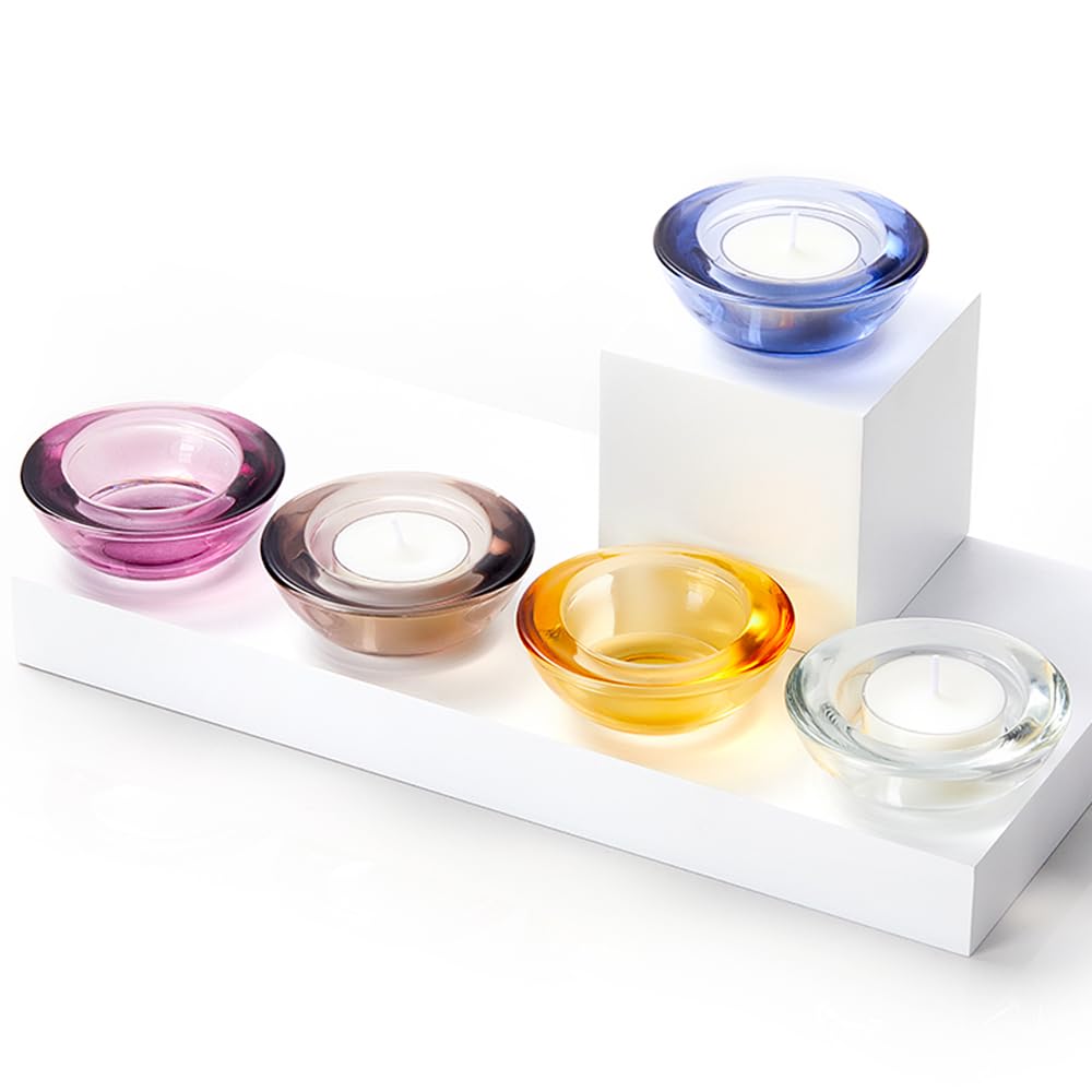 ELIVIA Blue Tealight Candle Holders - Set of 12, Round Chunky Glass Candle Holder, 3" Diameter - CH01 - Water Blue