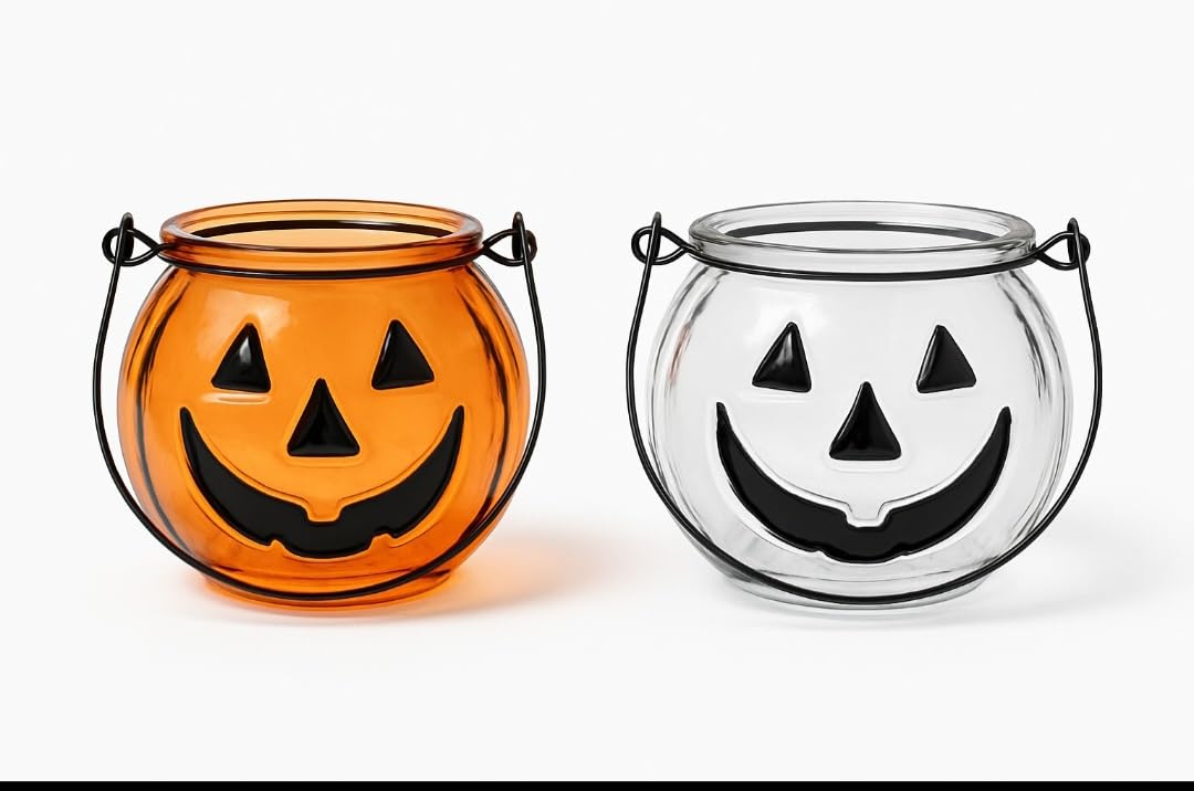 2 Halloween Glass Pumpkin Face Candle Holders, Orange and Clear, Jack O'Lantern Design, Decorative Tea Light Holders, Set of 2