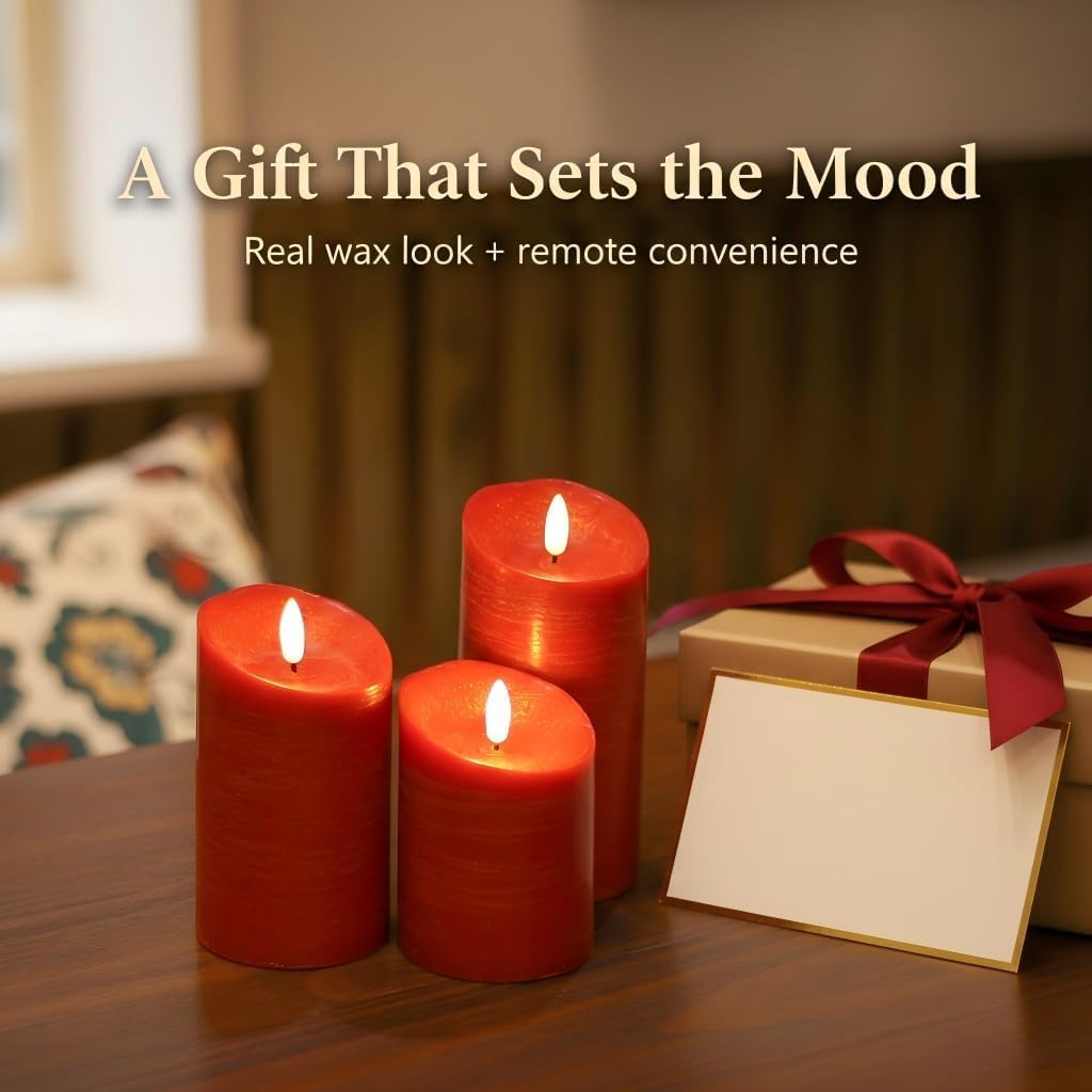 ANGELLOONG Red Flameless Candles with Remote and Timer, Real Wax Flickering Fake Pillar Candles Battery Operated, Electric LED Candle for Bathroom Table Decor Birthday Gifts for Him Her, Set of 3