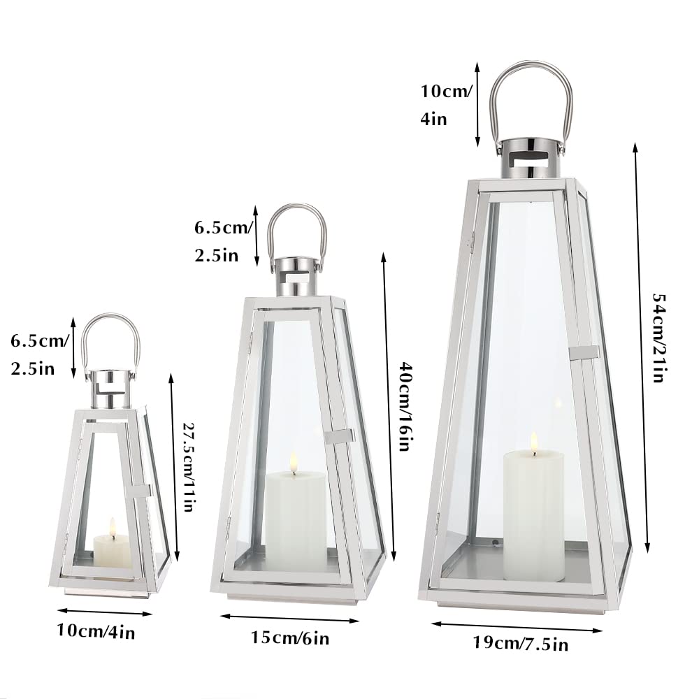 TRIROCKS Set of 3 Stainless Steel Candle Lantern 21''&16''&11'' High Metal Candle Holder with Tempered Glass Panels for Christmas Home Decor Living Room Parties Events Indoors Outdoors (Silver
