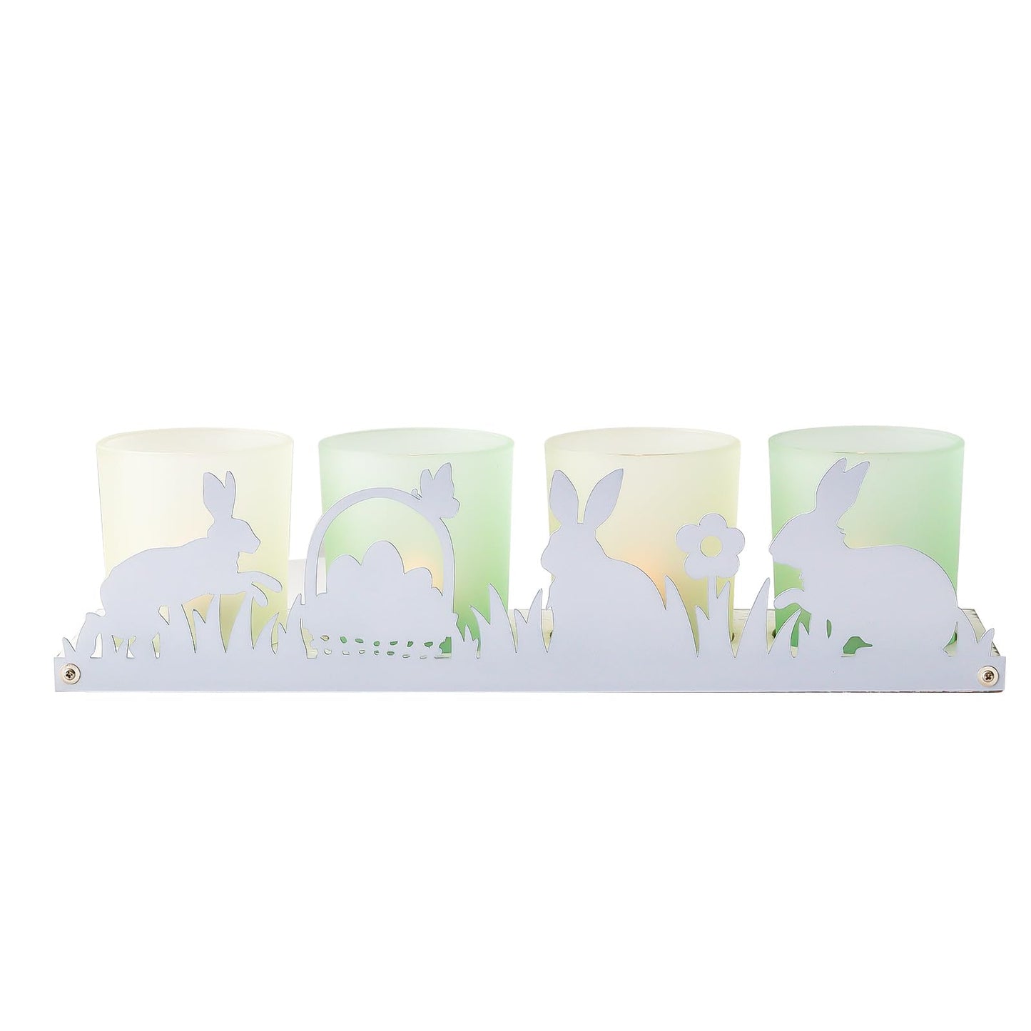 SYFURNIX Spring Votive Candle Holder Set, Includes 4 Glass Candle Holders & 1 Wooden Tray with Metal Bunny Decor for Table Centerpiece Decorations and Indoor Outdoor Home Decor