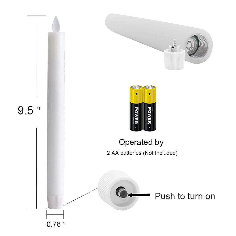 DRomance Flameless Flickering Taper Candles with 10-Key Remote and Timer Battery Operated White Real Wax LED Candlesticks Dinner Wedding Christmas Holiday Decor Candles(4 Pack, 0.78" D x 9.5" H)