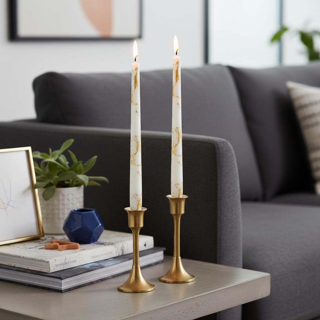 Gold Marble Printed Taper Candles Set of 2, 10 Inch Handmade Tapered Candles, Unscented Floral Candle Stick Style Candlesticks for Wedding Home Decor Gift