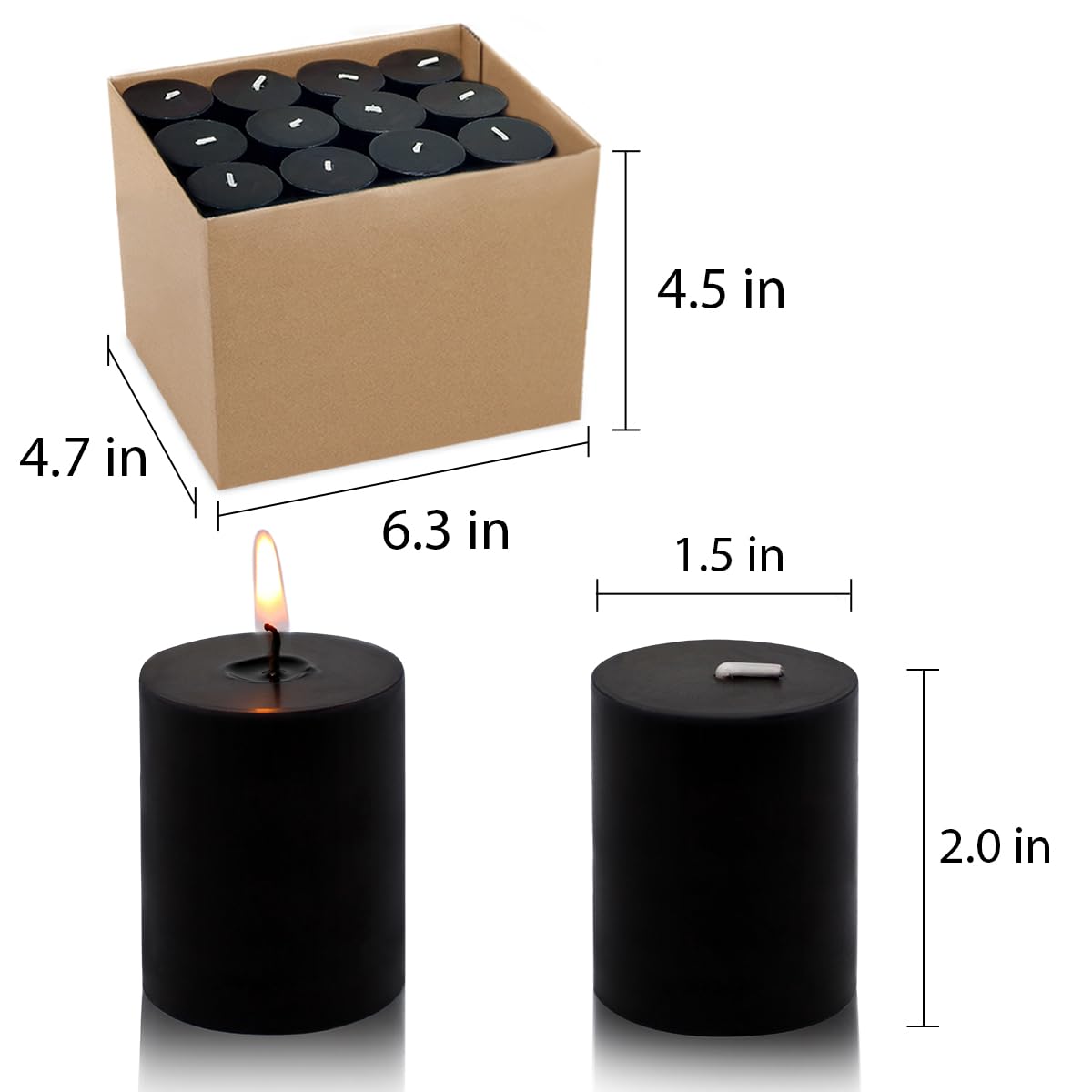 2.0 inch Black Votive Candles, 24 Packs Unscented Small Dripless Wax Candles for Halloween Wedding, Party, Holiday & Home Decor, 12 Hour Burning