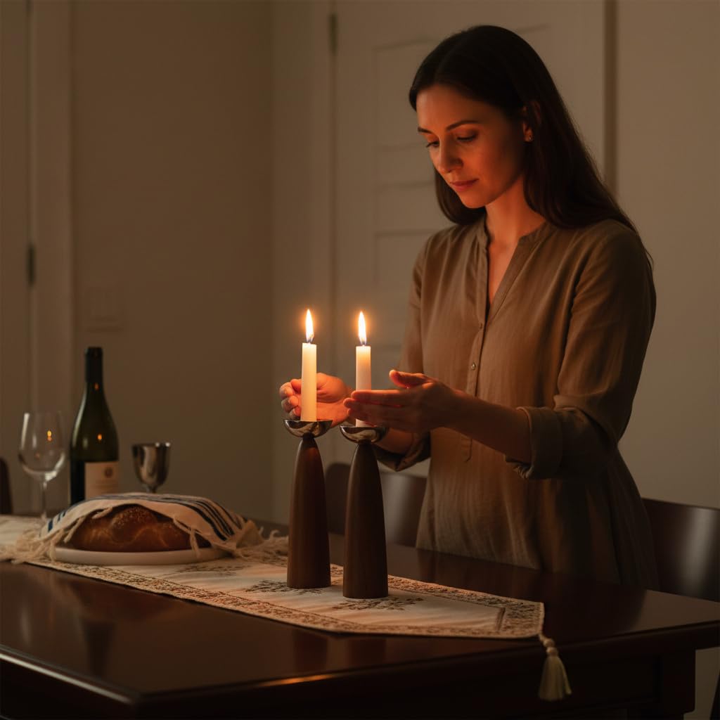 Nambé Sabbath Candlesticks – Modern Alloy & Acacia Wood Candle Holders for Shabbat & Table Décor, 2.5" x 7" – Elegant Judaica Centerpiece for Dining Table, Wedding & Holiday Lighting