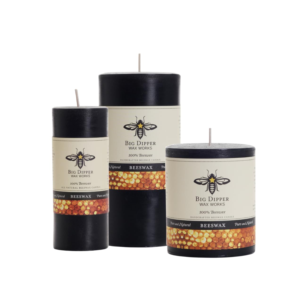 Big Dipper Wax Works Black Pillar Candle, 60-Hour Long Burn, Pure Beeswax Candle, 3" x 3.5”