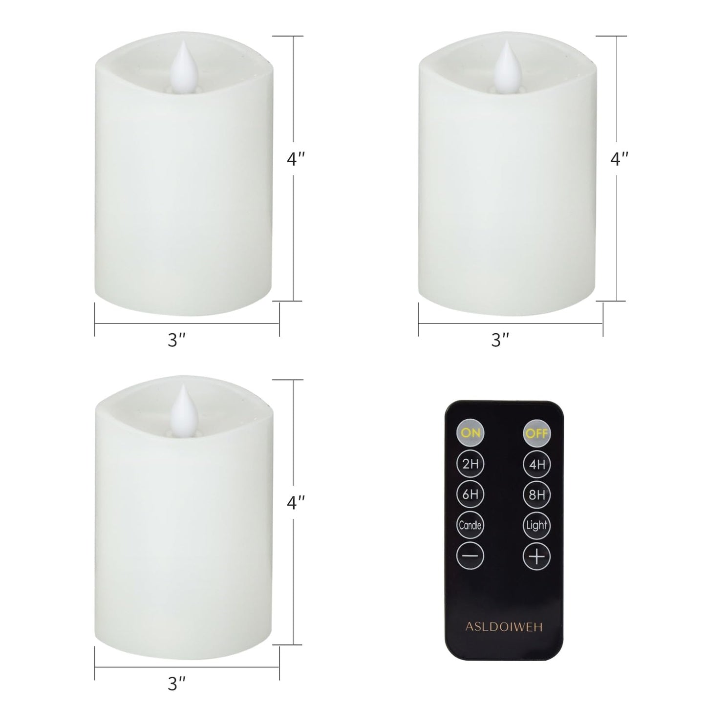 ASLDOIWEH 3″x4″ Flickering Flameless Candles Set of 3, 2AA Battery Life 600 Hours Battery Candles Flickering with Timer,4 inch Flameless Candles with Remote for Indoor/Outdoor, White