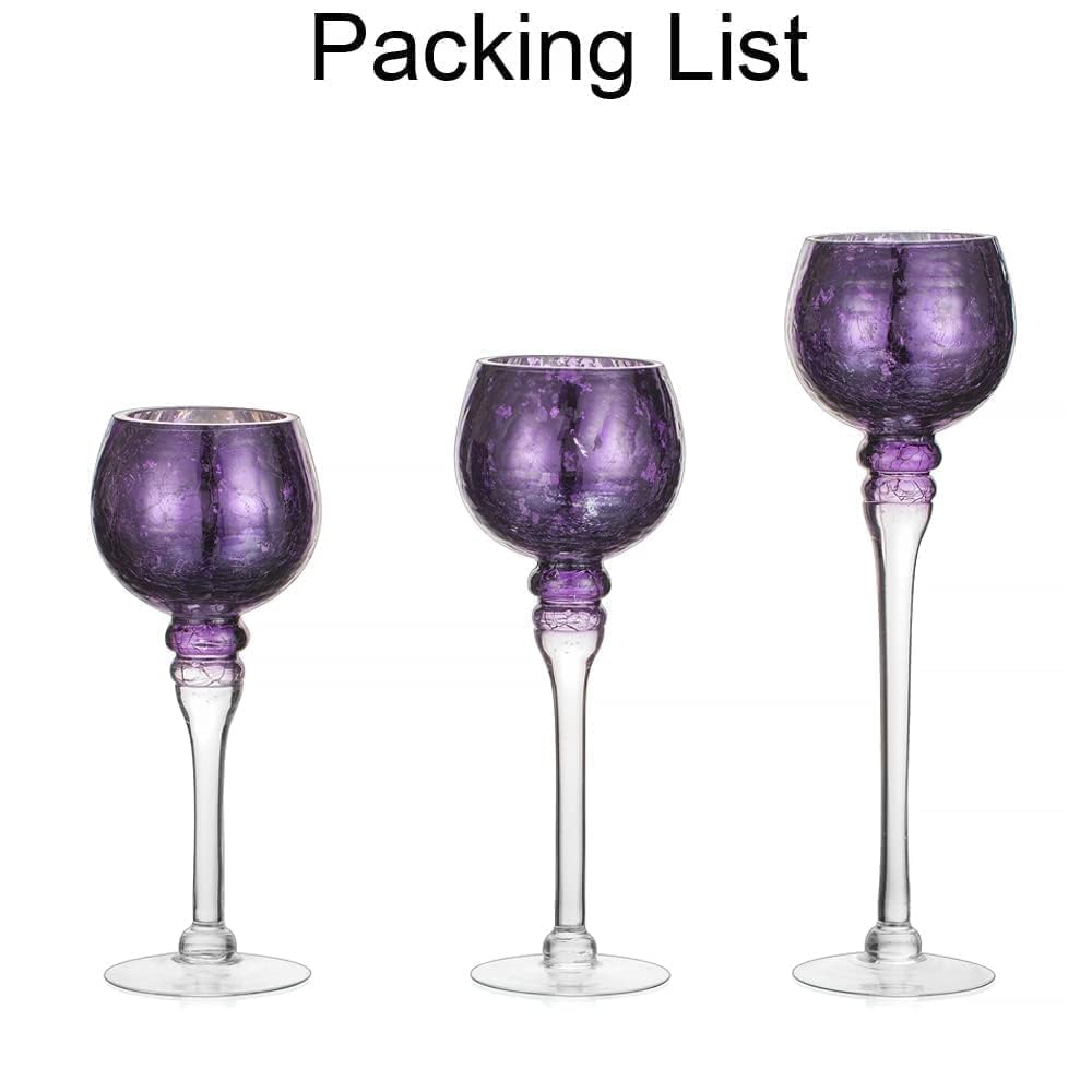 Inweder Glass Tealight Candle Holder: Purple Mercury Votive Holders 9/10/12 Inch Tall Long Setm Floating Candle Holders for Christmas Dining Table Centerpiece Wedding Party Halloween Set of 3