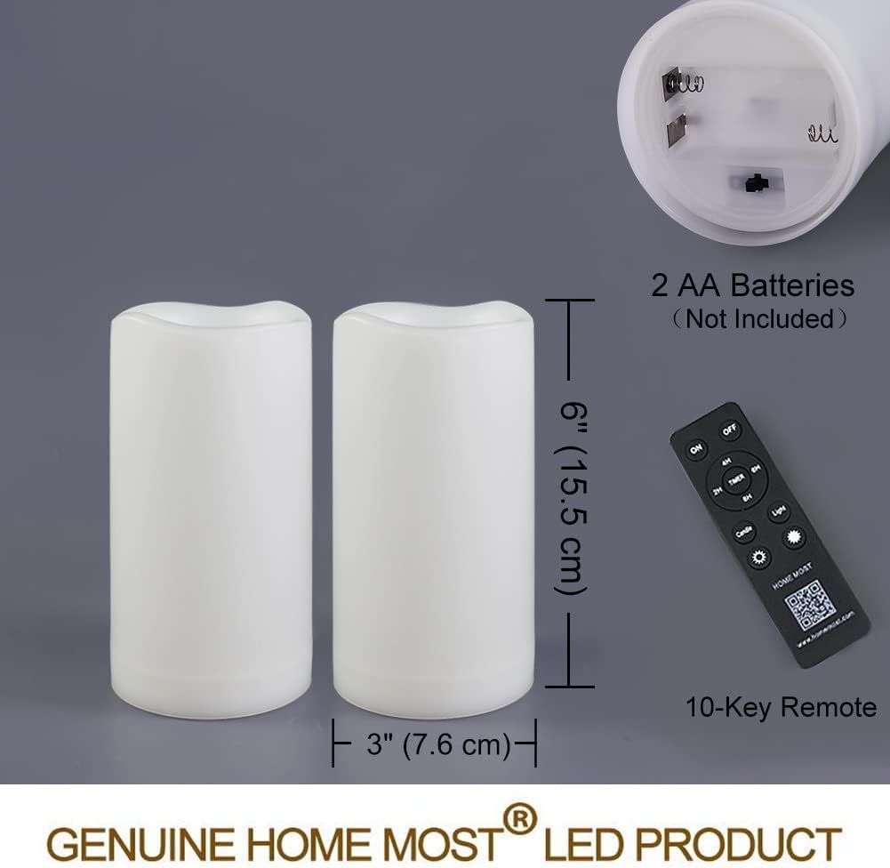 HOME MOST Pack of 2 White 3x6 LED Pillar Candles Outdoor IP65 Waterproof - Pillar Candles Battery Powered with Timer and Remote - Battery Operated Unscented Outdoor Flameless Candles Flickering