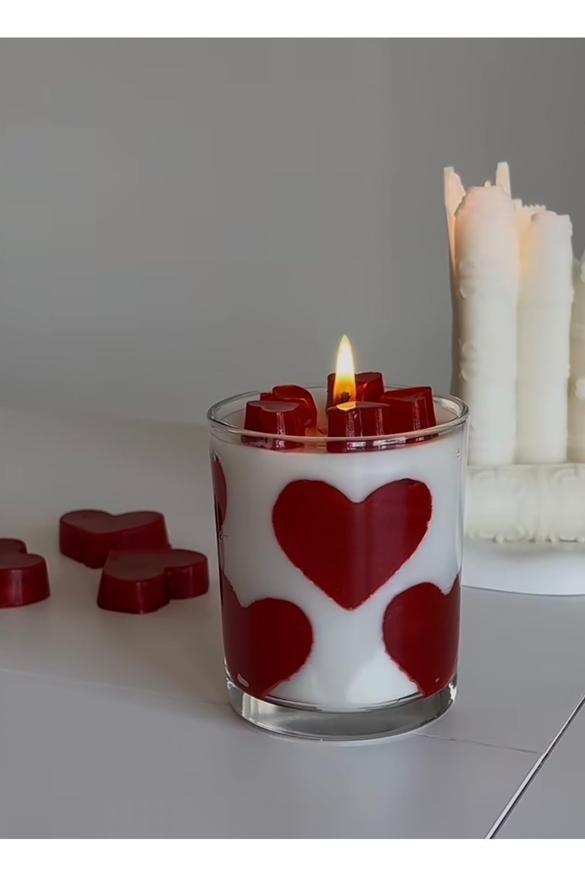 Handmade Love Candles Set of 2 Rose Scented Glass Candle for Decor - Red