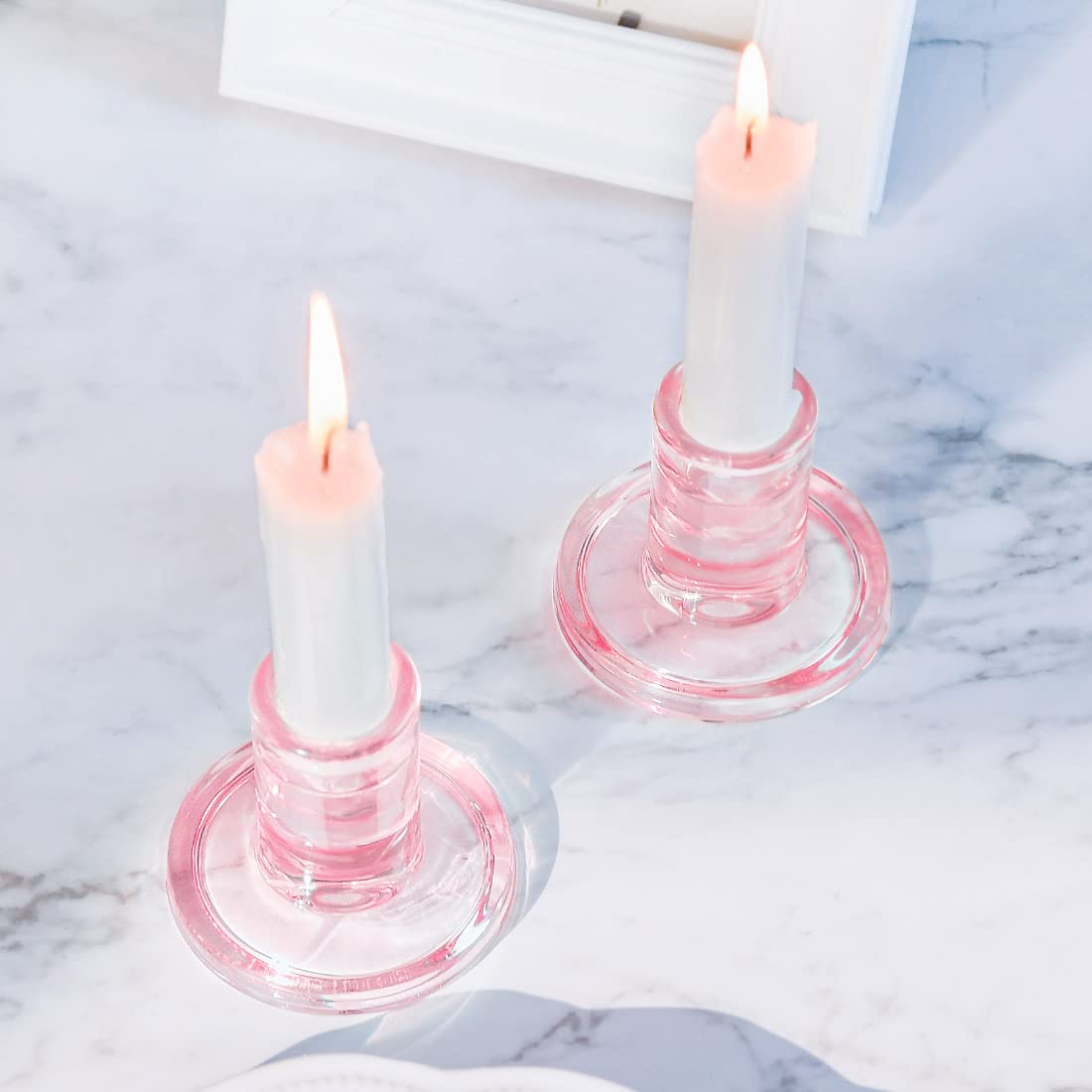 12PCS Pale Pink Taper Candle Holders, Glass Crystal Candlestick Holders Bulk, Clear Candle Holders for Dining Table Centerpiece,More Suitable for Weddings