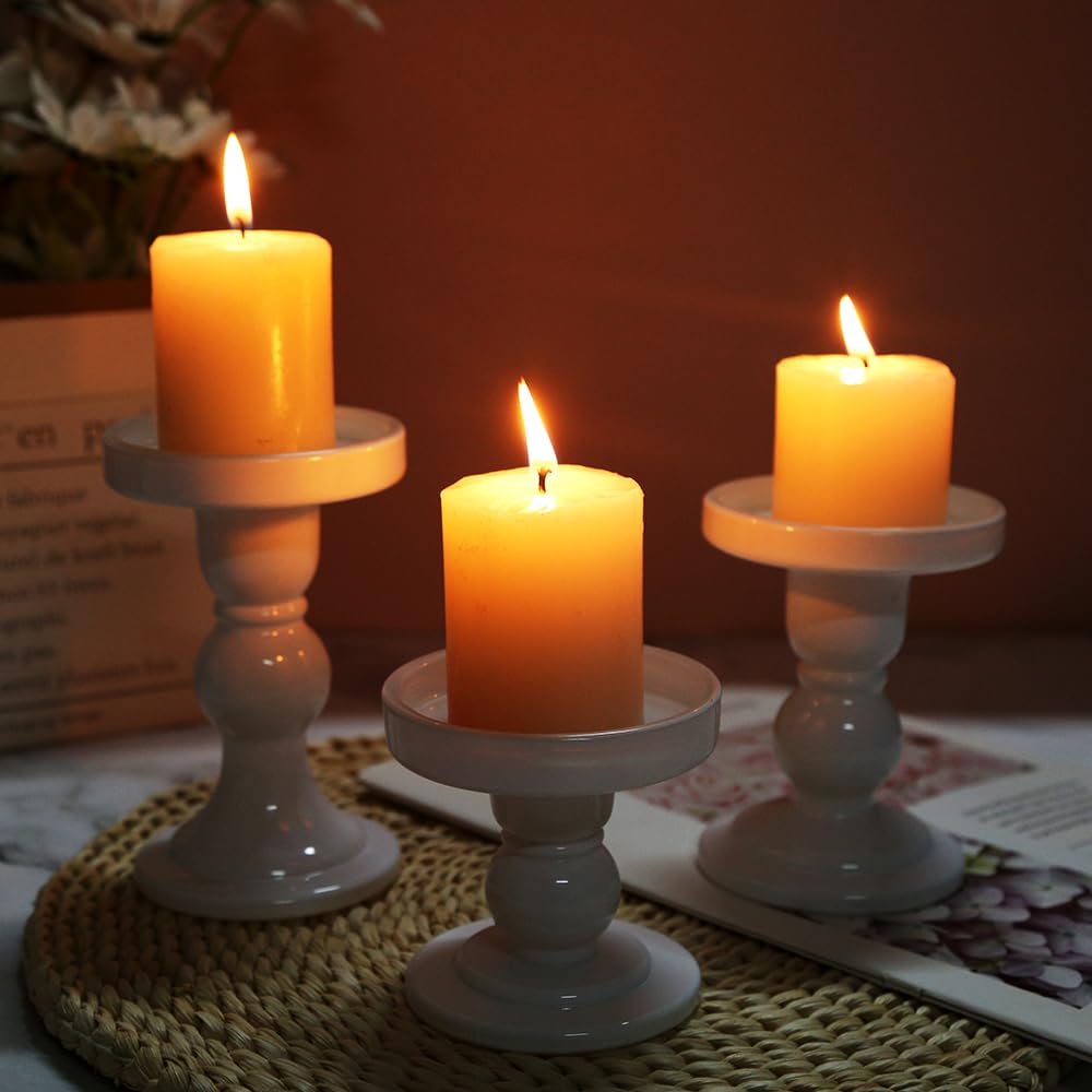 BTGLLAS 6-Piece Set of White Glass Candlestick, Crystal Candlestick Holder Holder and Conical Candle, Christmas Candle Holder Decoration, Family Living Room Wedding Candle Holder (white2sets)