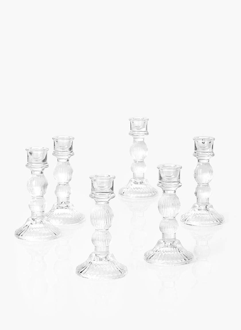 Serene Spaces Living Set of 6 Ribbed Glass Candlestick Holders, Fluted Glass Taper Candleholder for Weddings, Events, Dinner Table, Measures 6" Tall & 3" Diameter