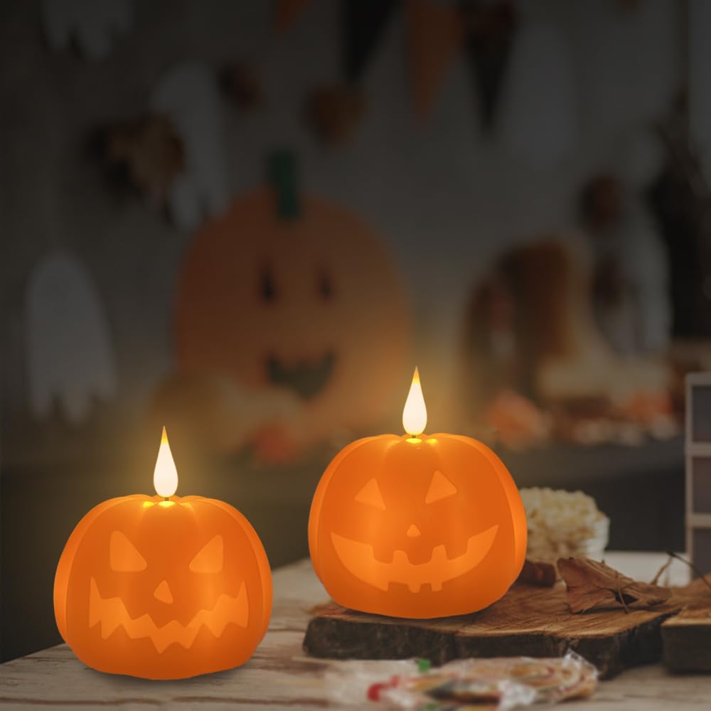 LEDHOLYT Rechargeable Halloween Decorations Flameless Candle, Flameless Pumpkin Candle with Timer & Remote,LED Real Wax Pumpkin LED Candles,Halloween Decorations, 1 Set of 2