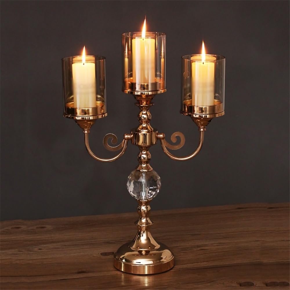 YUHUAWF Candle Holderss Simple Metal Glass Three-Head Candle Holder Living Room Dining Table Wedding Decoration Ornaments Decorative Candlestick(Large)