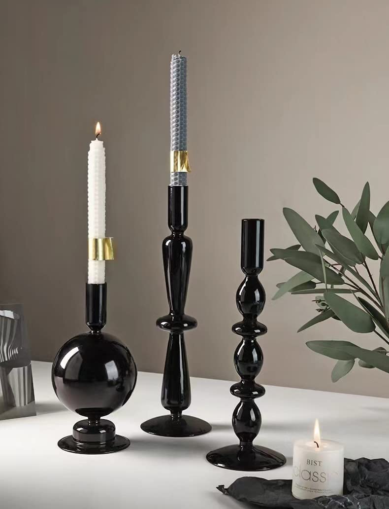 Amanman Candle Stick Candle Holder, Glass Candle Holders for Table Centerpiece, Modern Style Black Candle Holder Mixed 4pcs