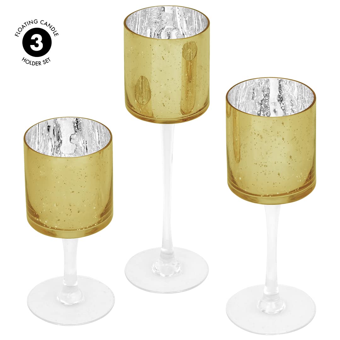 Koyal Wholesale 3Pcs Tall Candle Holder Set of 3 Floating Candle Vases, Stem Candle Holders Gold Glass Floating Candle Holders for Table Centerpiece Tealight Holder Wedding Centerpiece Home Decor