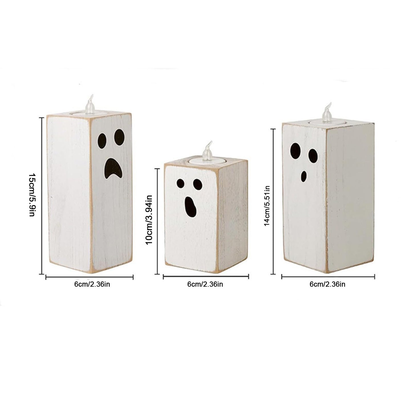 3PCS Halloween Wood Tealight Candle Holders Rustic Wooden Ghost Theme Table Sign Blocks with Tea Light Candle Holder for Farmhouse Centerpieces, Office, Tiered Tray, Shelf Décor