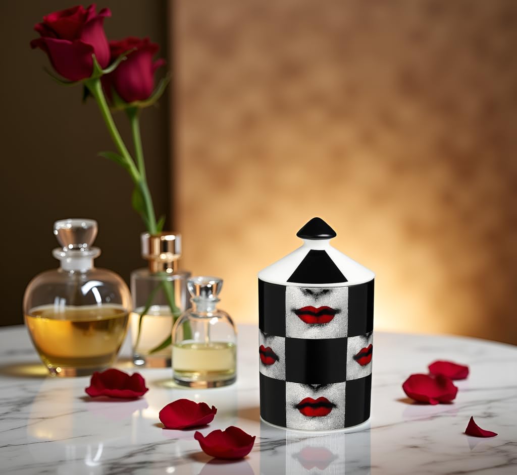AlphaDesignLuxe Decorative Candle Holder Handcrafted Aromatherapy Candle Jar Italian Designer Décor Fashionable Tabletop Vase Modern Art Female Face Eyes Lips Centerpiece. (Red Lips Black Squares)