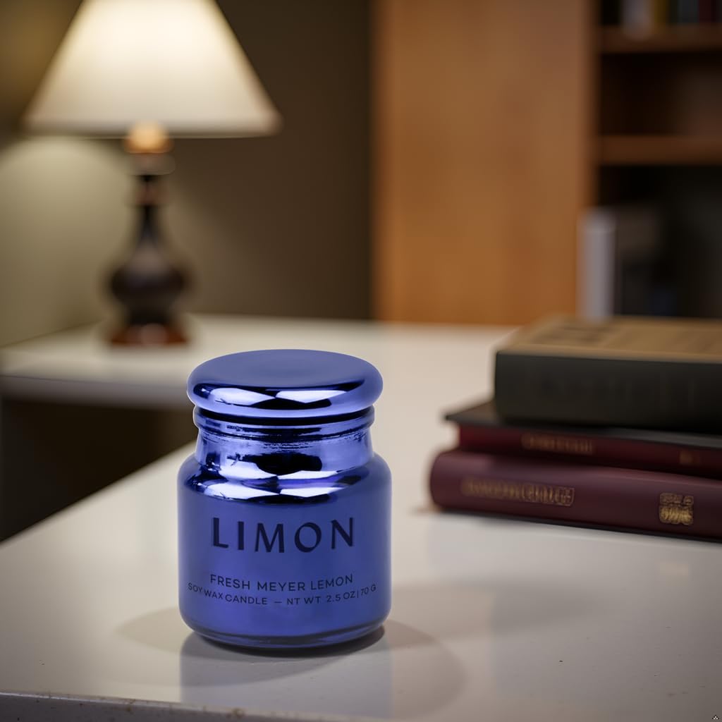 Paddywax Chroma Scented Candle with Lid in Reusable Metallic Etched Glass Jar, Clean- Burn Soy Candle with Approx. 14 Hour Burn Time, Cobalt – Limon, Fresh Meyer Lemon, 2.5 oz