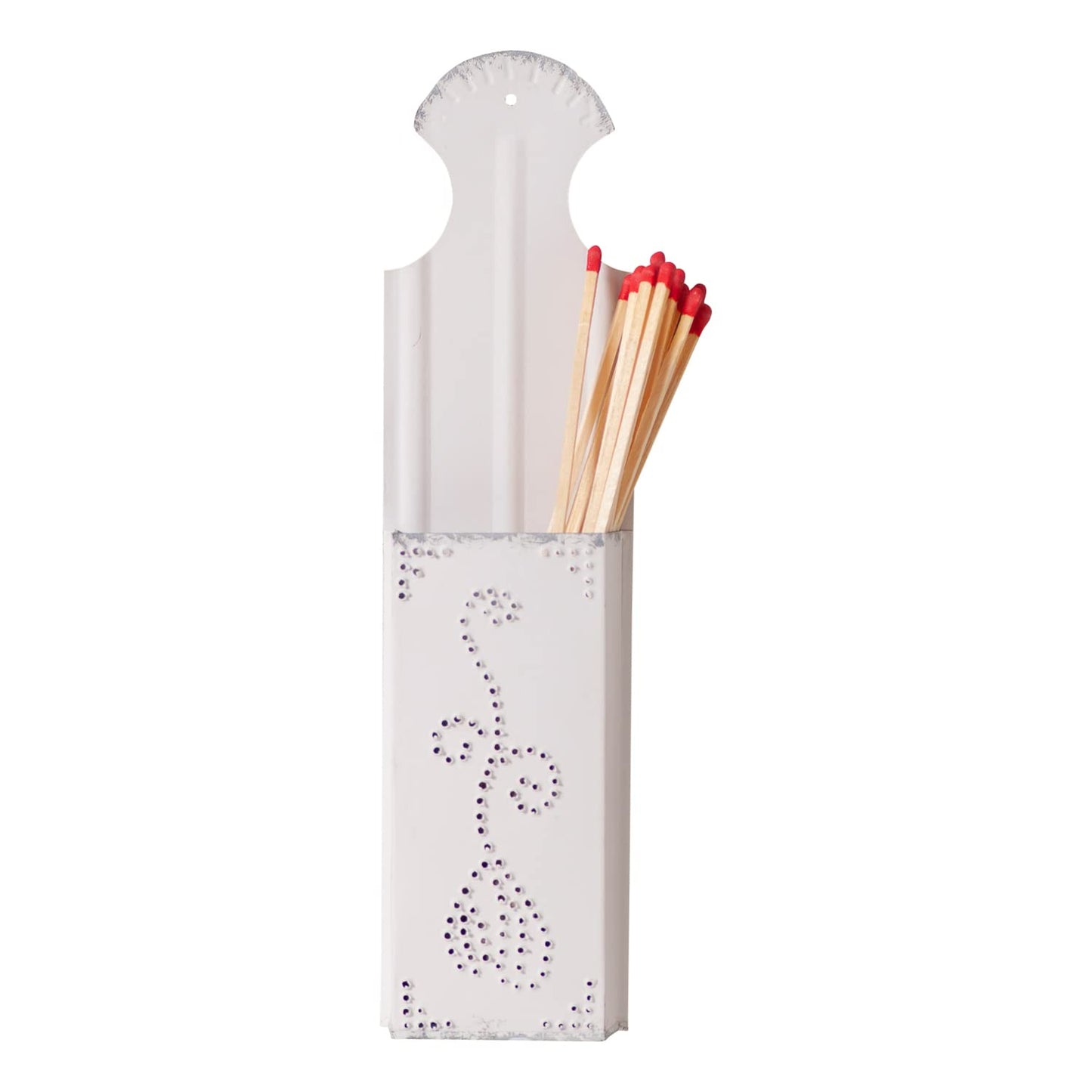 Irvin's Tinware, K18-12RW, Long Match Holder in Rustic White, Rustic Country Home Decor