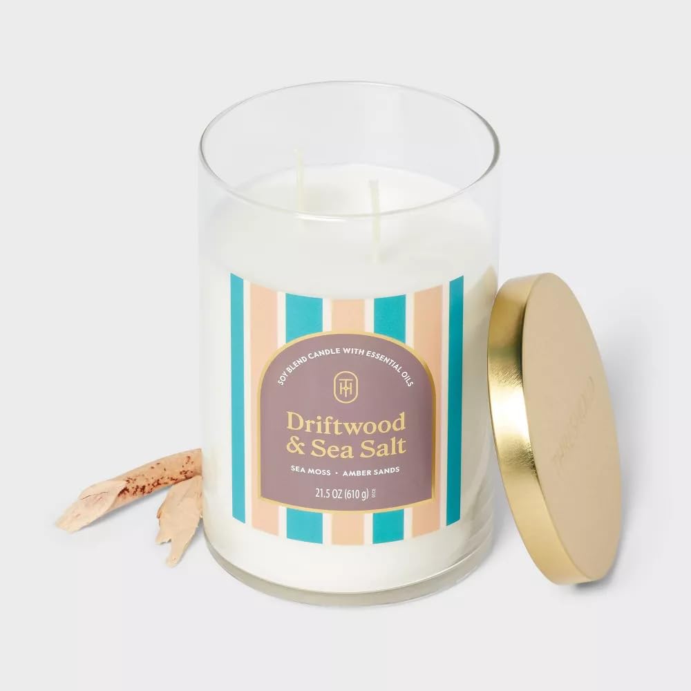 Threshold 2-Wick Lidded Glass Jar Candle (21.5oz, Driftwood and Sea Salt)