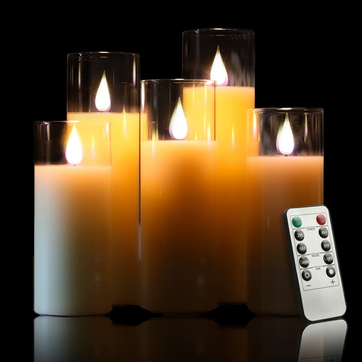 NICEME 5PCS Clear Glass LED Flameless Candles with Remote Timer, Flickering Battery Operated Pillar Candles Teardrop Flame Black Wick Romantic Real Wax Electric Votive Candles for Halloween Christmas