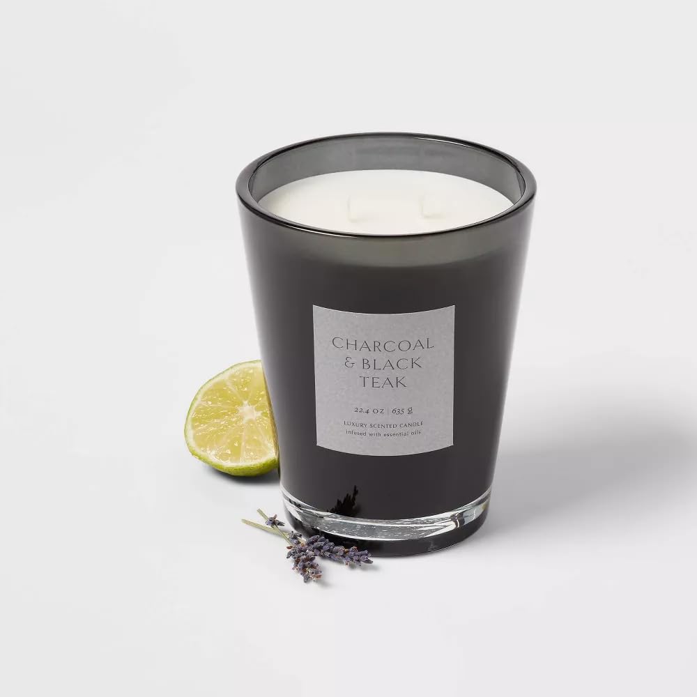 Threshold Colored Vase Glass Candle with Dust Cover (22.4oz, Charcoal & Black Teak)