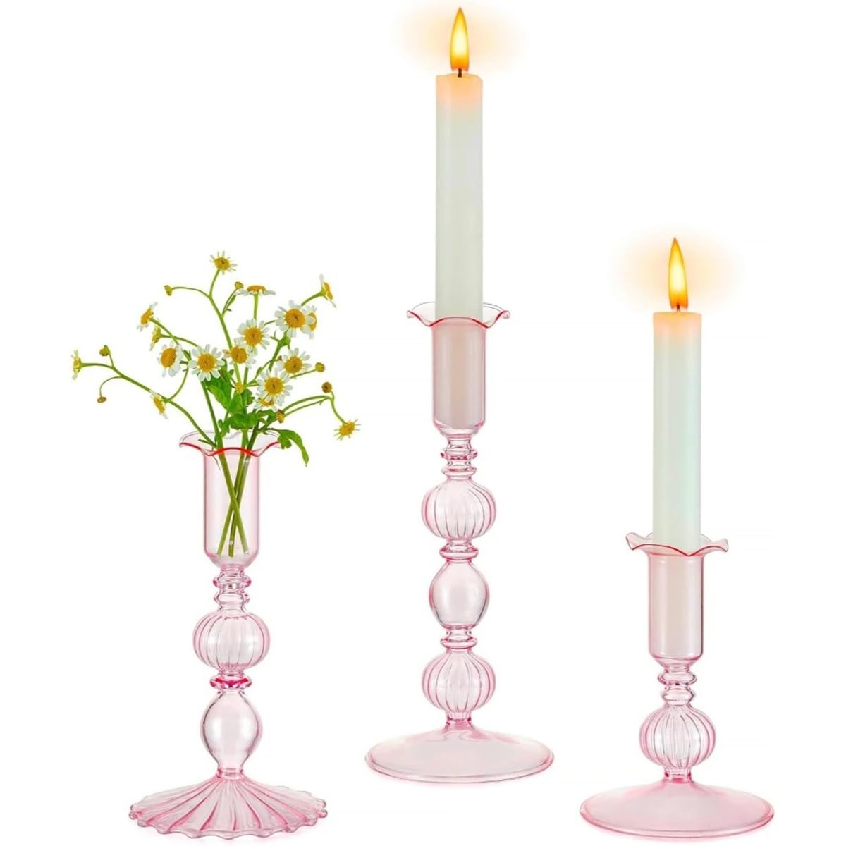 Mineaud 3Pcs Glass Candlestick Holders Glass Taper Candle Holders Groovy Wavy Elegant Candle Stick for Home Party Decoration,StyleB-Pink