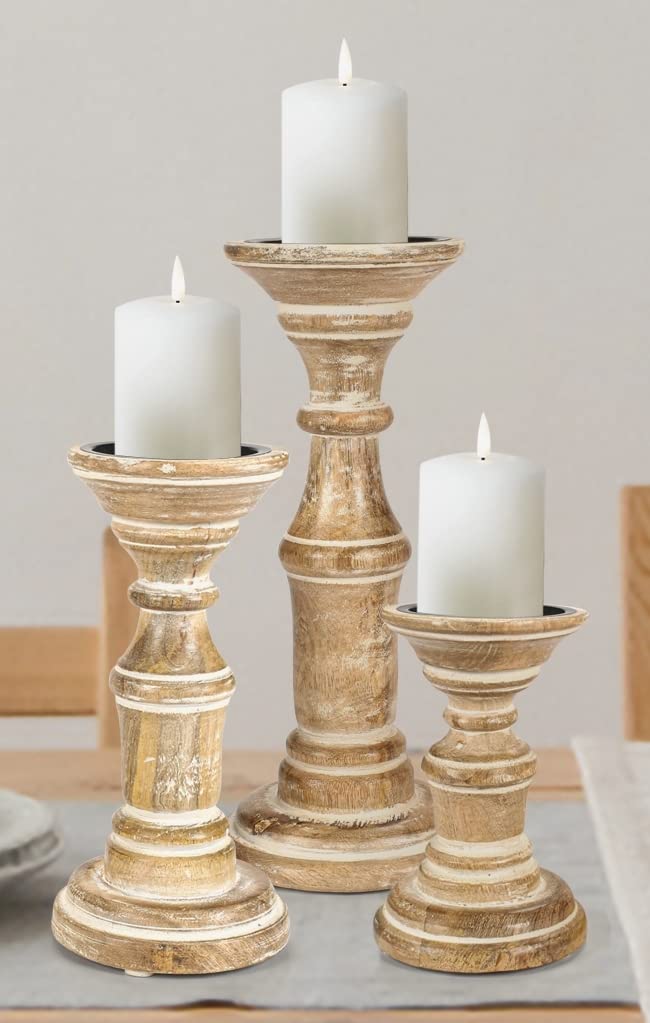 Candle Holder Stand Wooden, Pillar Candle Holders, Unity Candle Holders, Rounded Turned Colums, Country Style Ideal for Gift, Wedding, Christmas, Party, Home,Spa - 10,8,6 Inch- Set of 3, White Wash