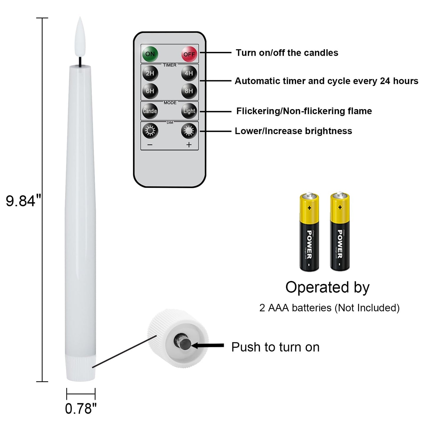 GenSwin Flameless Taper Candles, LED Taper Candles Battery Operated with Remote Timer, Set of 2 Real Wax White Flameless Candlesticks with 3D Flame for Home Weddin Party Holiday Decor (0.78” x 9.84”)