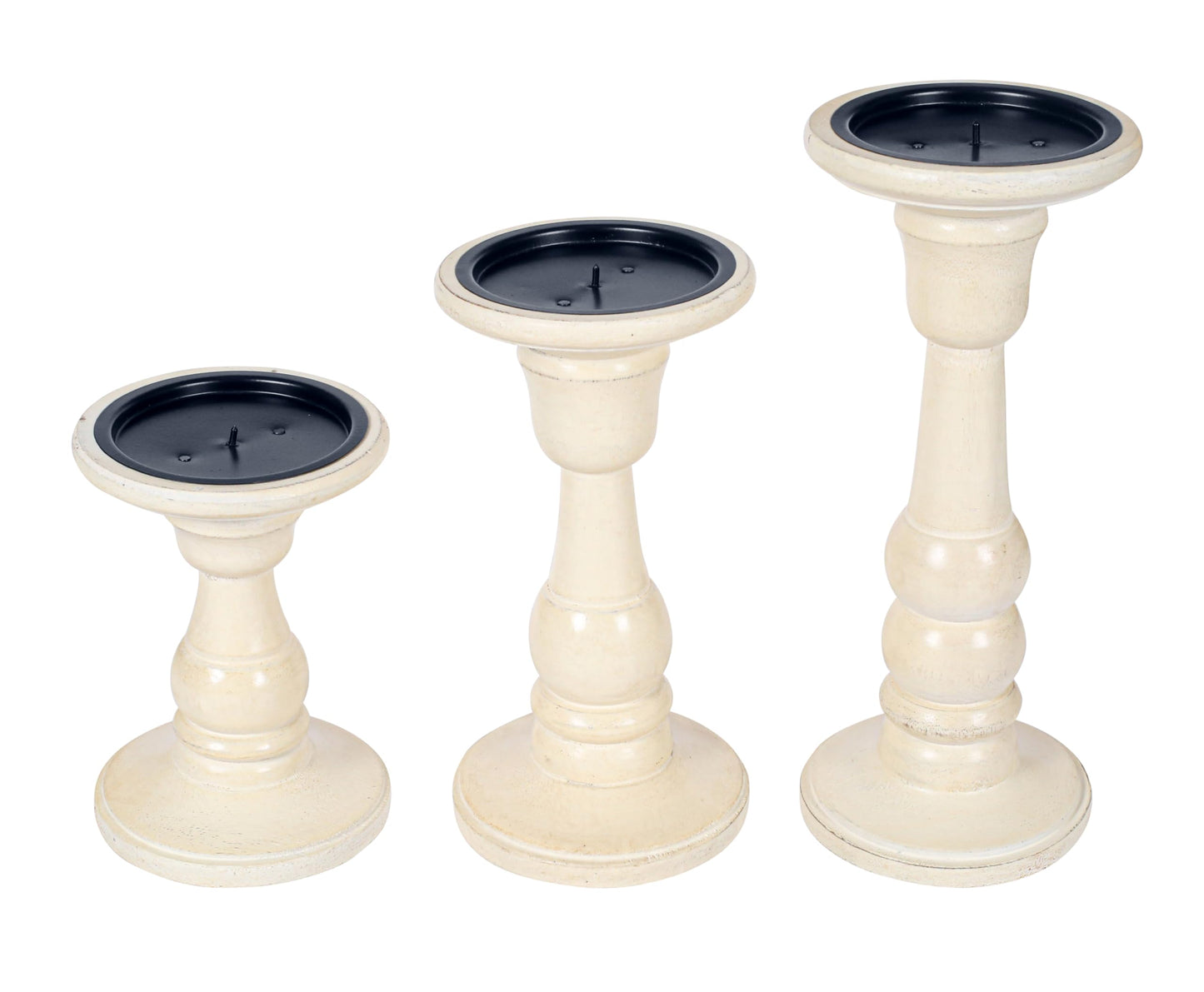 Woodify Wooden Candle Holder Set of 3, Handcrafted Mango Wood Pillar Candle Stands 10", 8", 6", White Antique Candle Holders for Home Décor, Living Room, Dining Table.