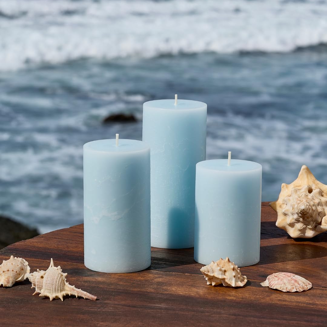 Becky Home Blue Scented Pillar Candles Set of 3, 3x4, 3x5, 3x6 Light Blue Candles, Sea Salt and Driftwood Pilar Scented Candle, Ideal as Wedding, Parties, Spa, Dinner, Home Decor, Church