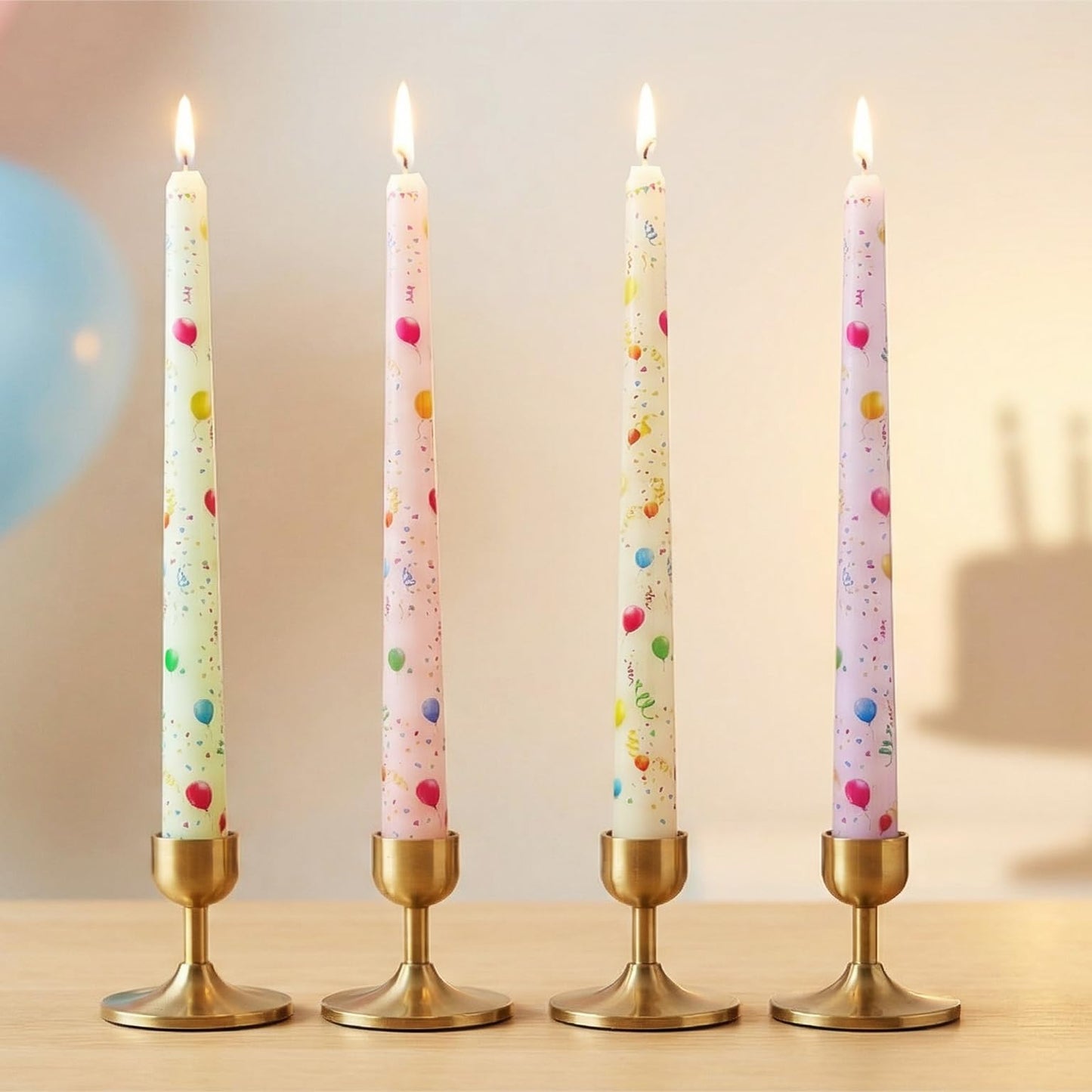 FYBW 10 Inch Decorative Taper Candles, 4 Pack Birthday Balloon Print Candlesticks, Unscented Dripless Candles with Long Burn Time for Party, Holiday Table & Home Decor