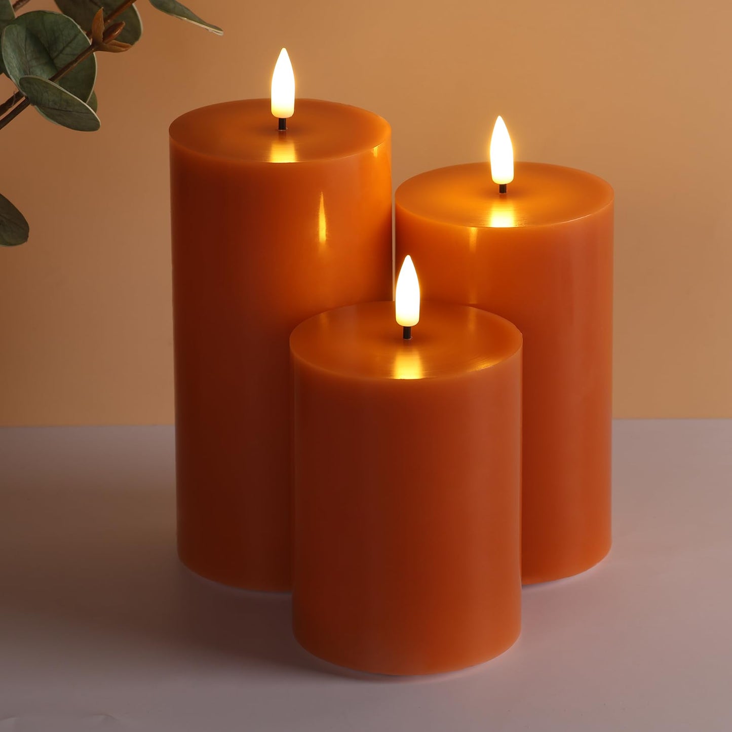 Girimax Burnt Orange Flameless Pillar Candles with Remote, Flickering LED Wax Candles Battery Operated Set of 3