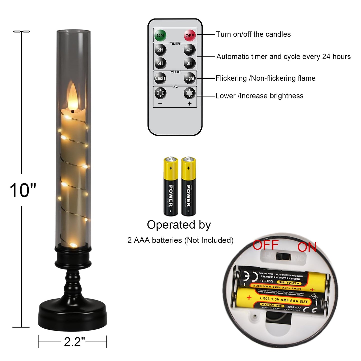 GenSwin Halloween Flameless Taper Candles with Remote and String Lights, Black Halloween Flameless Candles Battery Operated, 2 Pcs LED Flickering Candlesticks for Home Window Table Decor(D2.2”xH10”)