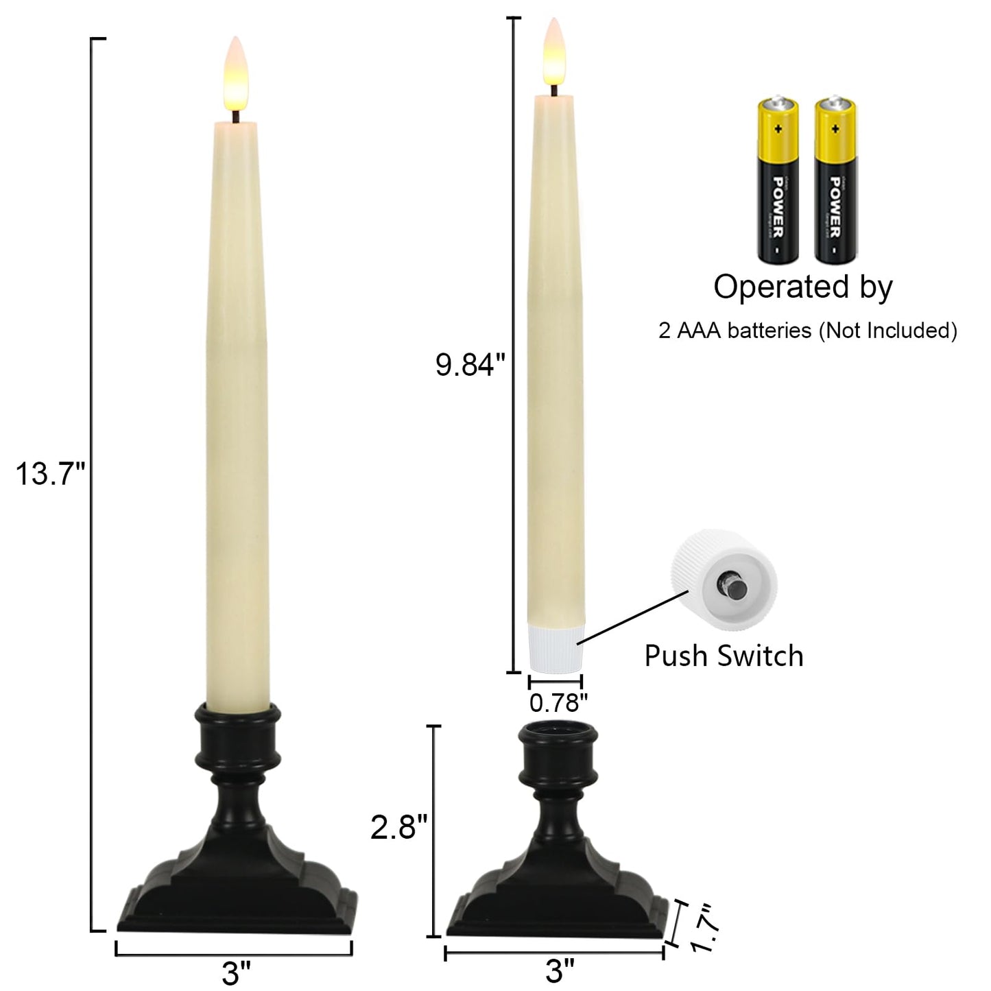 GenSwin Christmas Window Candles with Remote Timer, 3 Pcs Battery Operated Window Candles, Real Wax LED Flameless Taper Candle with Black Flameless Candlesticks for Home Decor(Ivory)