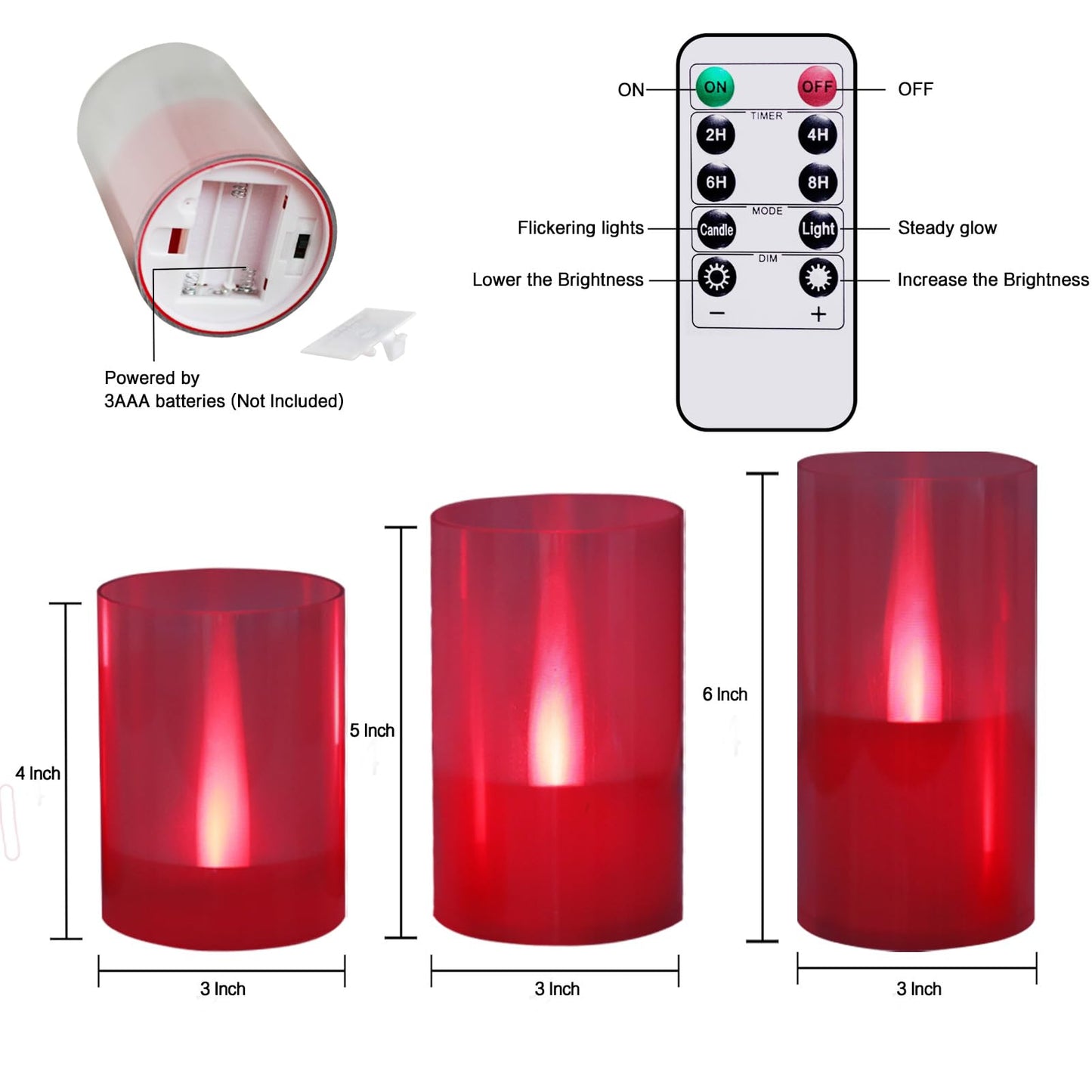 LANKER Flameless Candles with Remote Control and Timer, Battery Operated LED Pillar Candles, Romantic Light, Set of 3 (Red)
