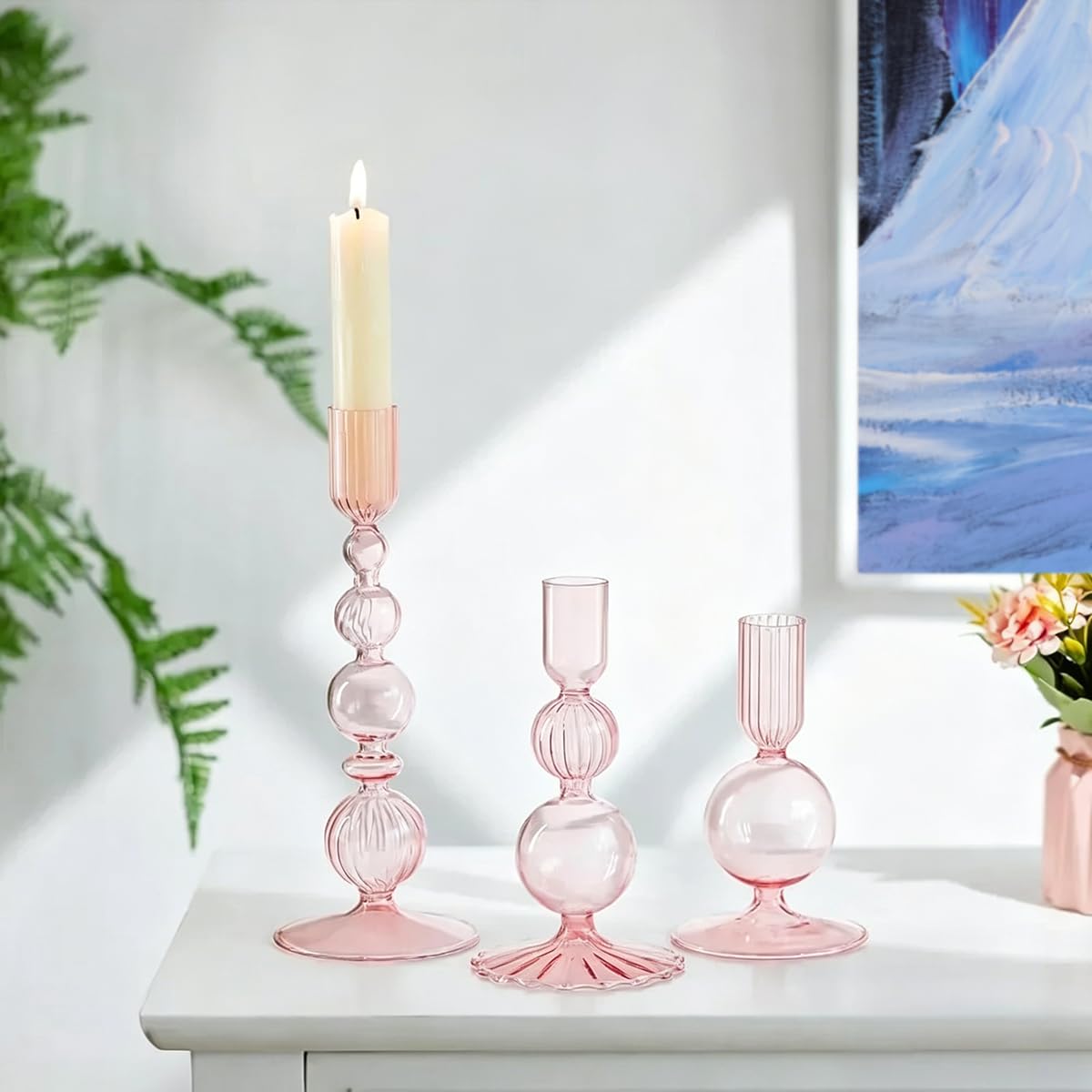 Mineaud 3Pcs Glass Candlestick Holders Glass Taper Candle Holders Groovy Wavy Elegant Candle Stick for Home Party Decoration,Pink