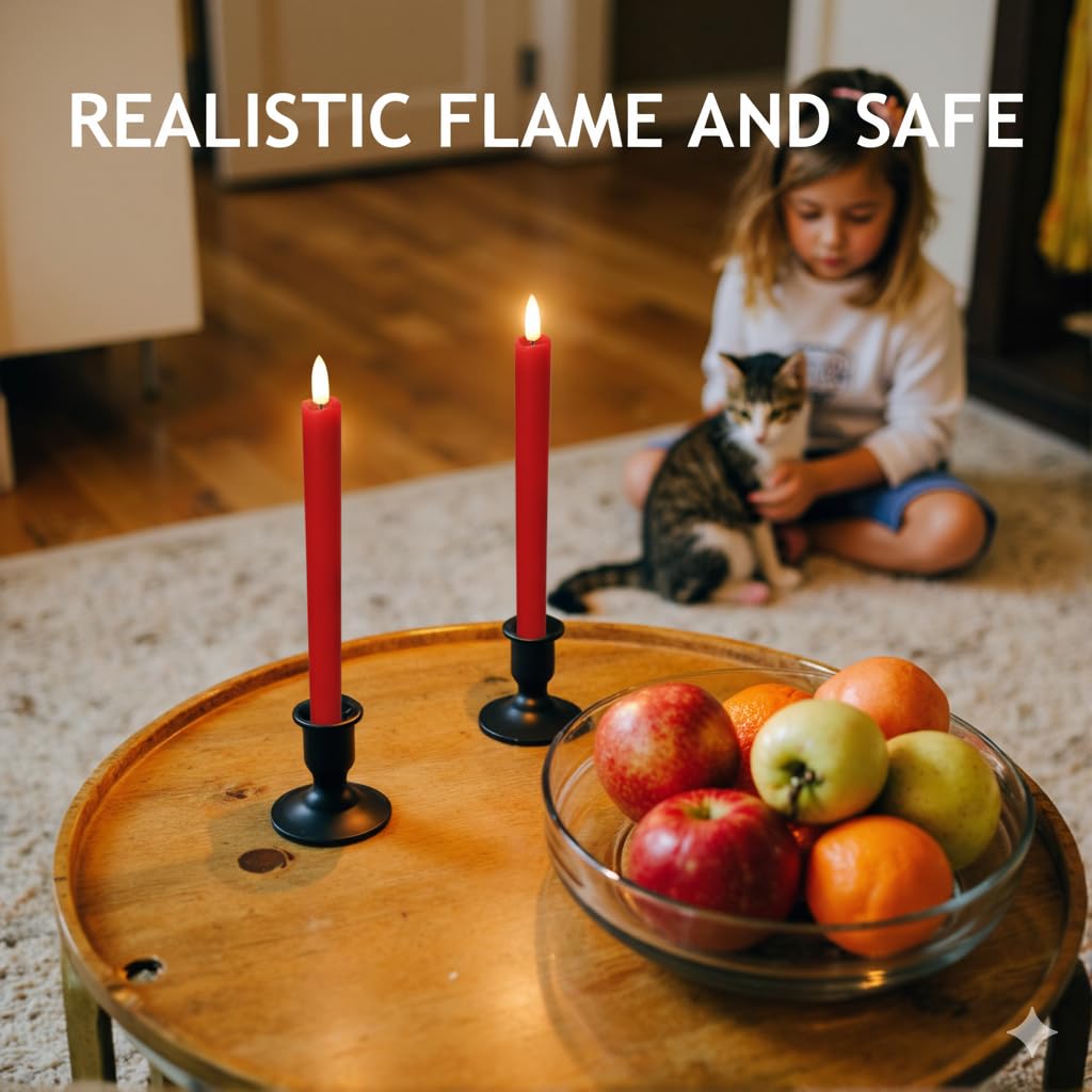 SUNGEGE Red Flameless Taper Candles, 6 Pack, 0.78 x 9.9 in, Red Candles Battery Operated with 2 Remotes, Safe for Kids & Pets – Perfect for Halloween, Christmas, Weddings & Home Decor