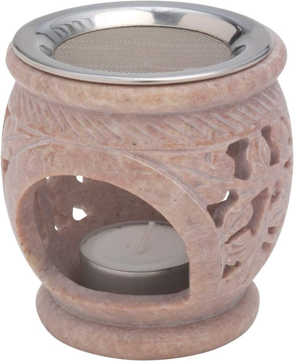 Soapstone Incense Burner by MaMeMi – 3.3 in Tall, 3.3 in Wide – Unique Natural Color – with Stainless Steel Sieve – TEALIGHT Aroma Warmer for Herbs, Oils, Resin – Handcrafted in India